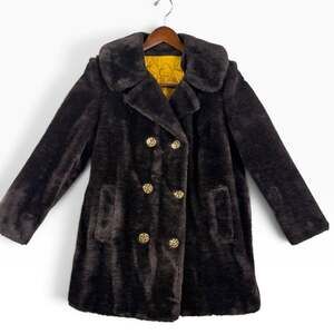 Retro Mod Brown Plush Coat Gold Buttons Size 14